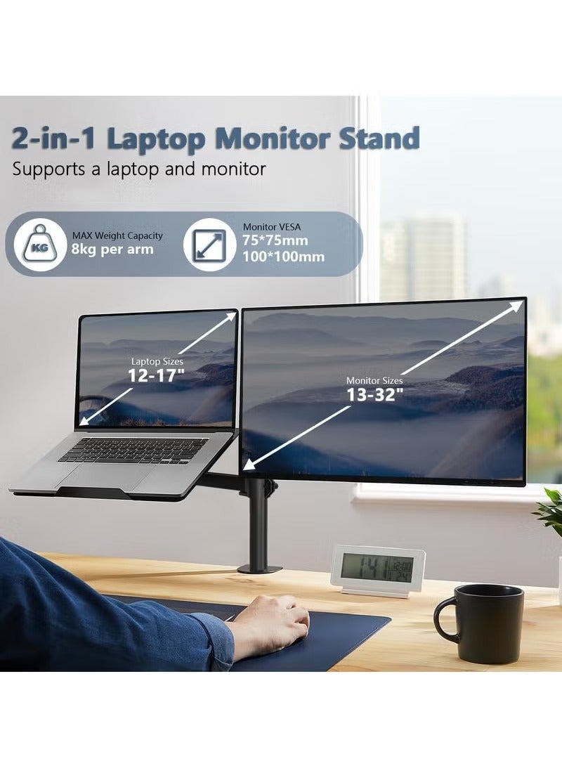 XiuWoo Laptop Monitor Mount Stand, Adjustable Desk Mount Monitor Arm with Laptop Tray and Grommet Mounting Base Monitor and Laptop Mount for 13-32" Monitor 12-17" Laptop  - Image 2