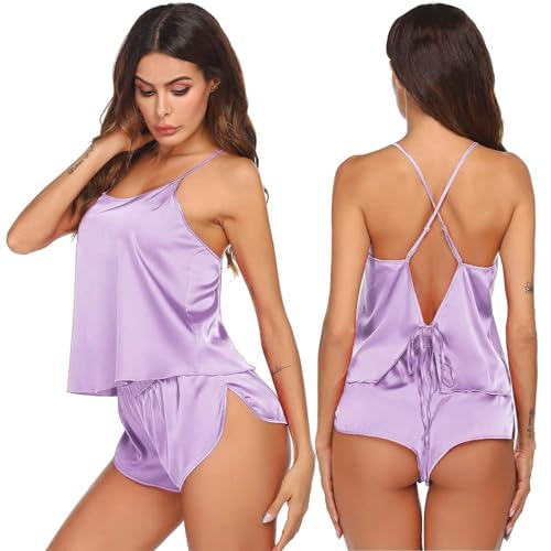 Ekouaer Silk Pajamas Set for Women Satin Backless Lingerie Pjs Cami Top and Shorts Nightwear Lavender - Image 1