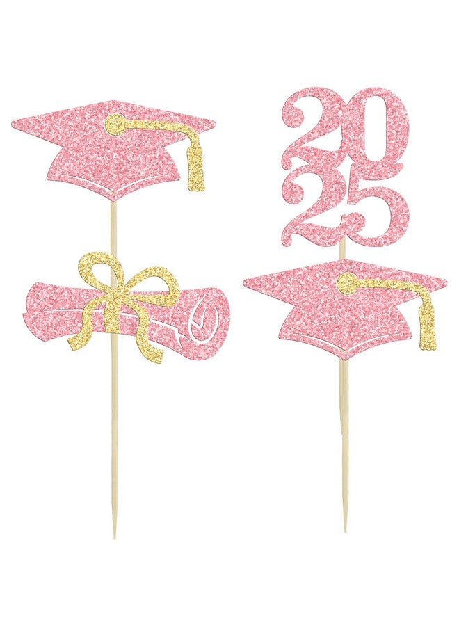 Ephlyn 24Pcs Glitter Graduation 2024 Diploma Grad Cap Cake Toppers for 2024 Graduation Theme Party - Pink & Gold - Image 3