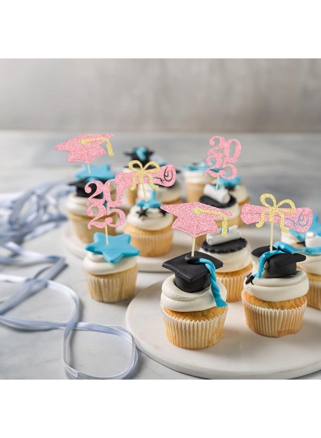 Ephlyn 24Pcs Glitter Graduation 2024 Diploma Grad Cap Cake Toppers for 2024 Graduation Theme Party - Pink & Gold - Image 4