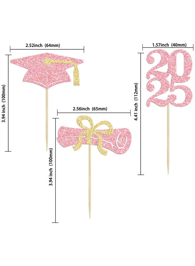 Ephlyn 24Pcs Glitter Graduation 2024 Diploma Grad Cap Cake Toppers for 2024 Graduation Theme Party - Pink & Gold - Image 2
