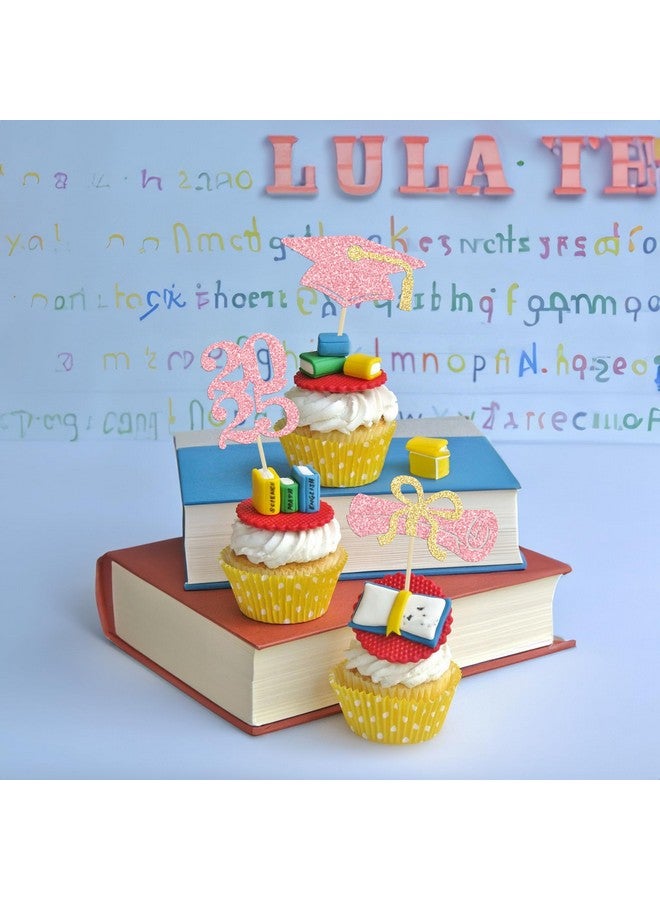 Ephlyn 24Pcs Glitter Graduation 2024 Diploma Grad Cap Cake Toppers for 2024 Graduation Theme Party - Pink & Gold - Image 5