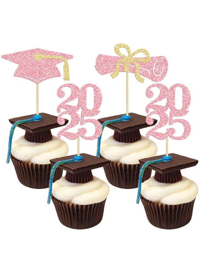 Ephlyn 24Pcs Glitter Graduation 2024 Diploma Grad Cap Cake Toppers for 2024 Graduation Theme Party - Pink & Gold - Image 1