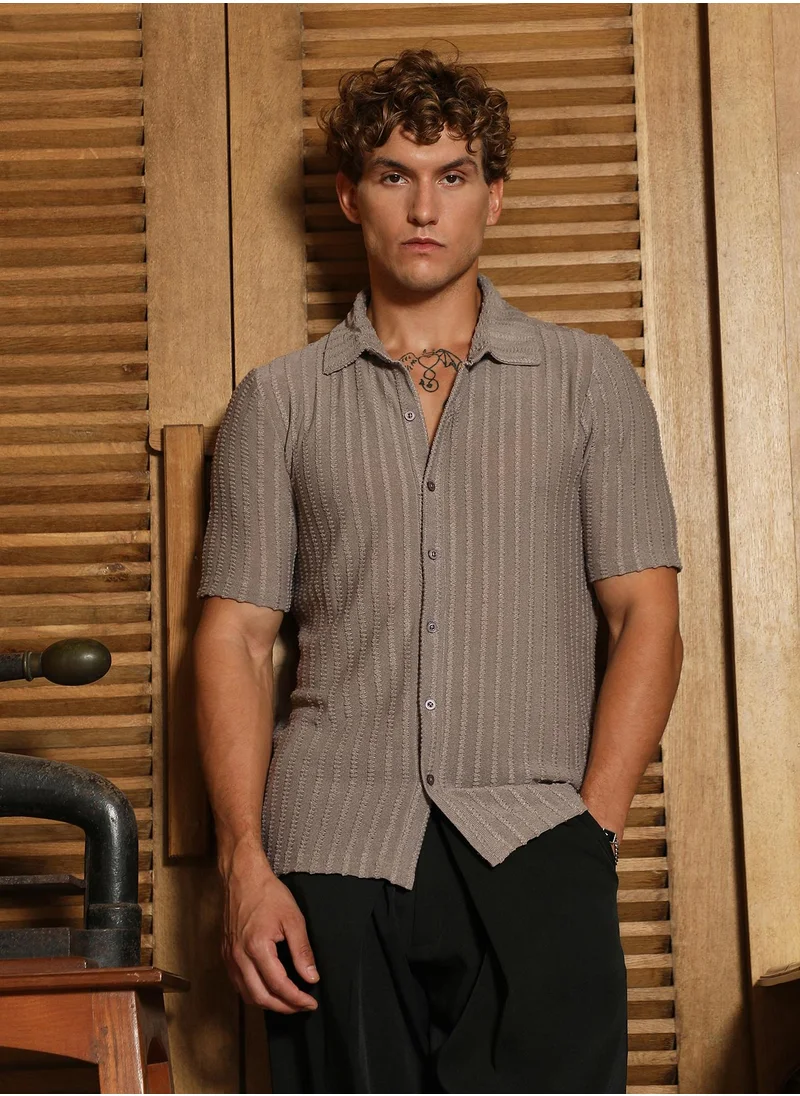 كامبوس سوترا Men's Moon Grey Cross-Stitch Stripe Knit Shirt For Casual Wear | Spread Collar | Short Regular Sleeves | Button Closure | Shirt Crafted With Comfort Fit For Everyday Wear