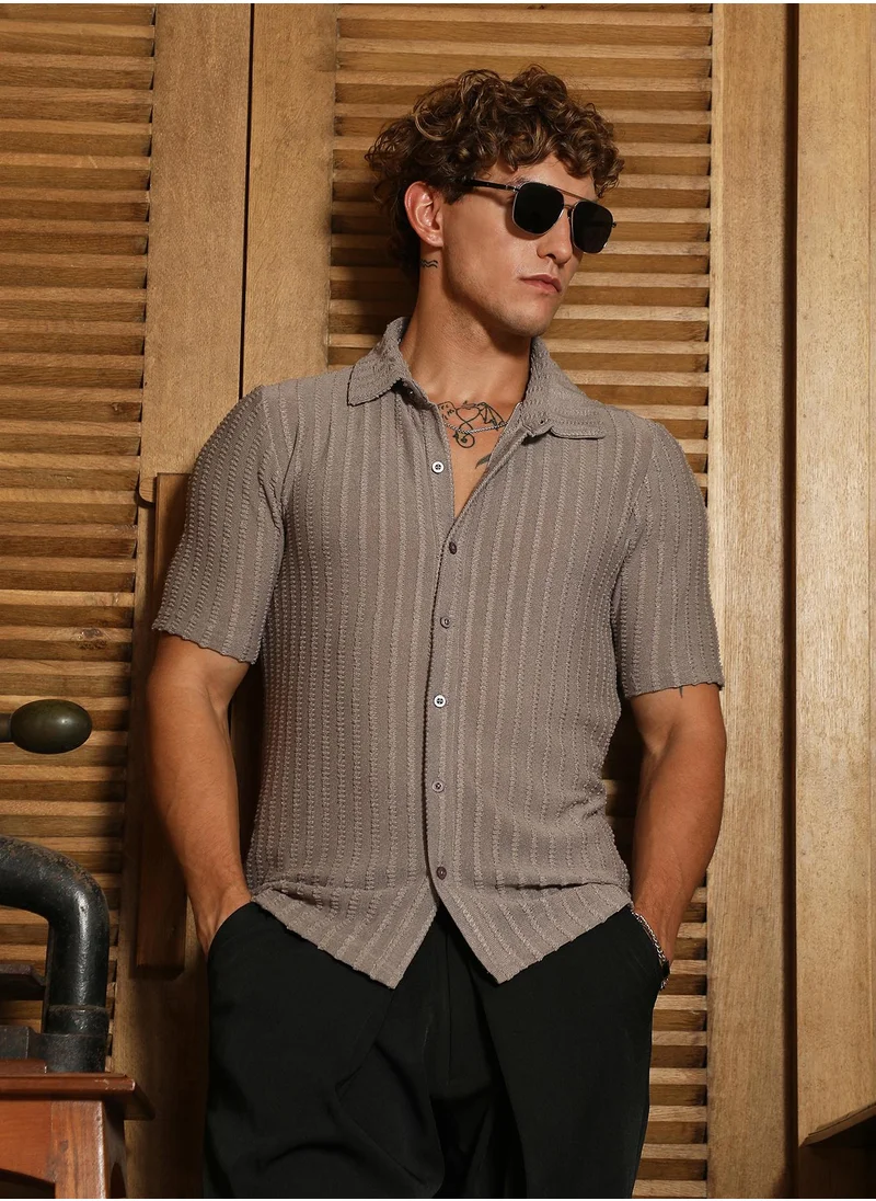 كامبوس سوترا Men's Moon Grey Cross-Stitch Stripe Knit Shirt For Casual Wear | Spread Collar | Short Regular Sleeves | Button Closure | Shirt Crafted With Comfort Fit For Everyday Wear