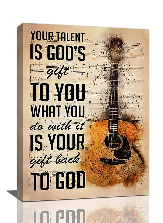 Tourrest Vintage Guitar Wall Art - Music Notes, Quotes Canvas Painting, Retro Decor, Framed Artwork for Bedroom, Dormitory - 12"x16" - Image 1
