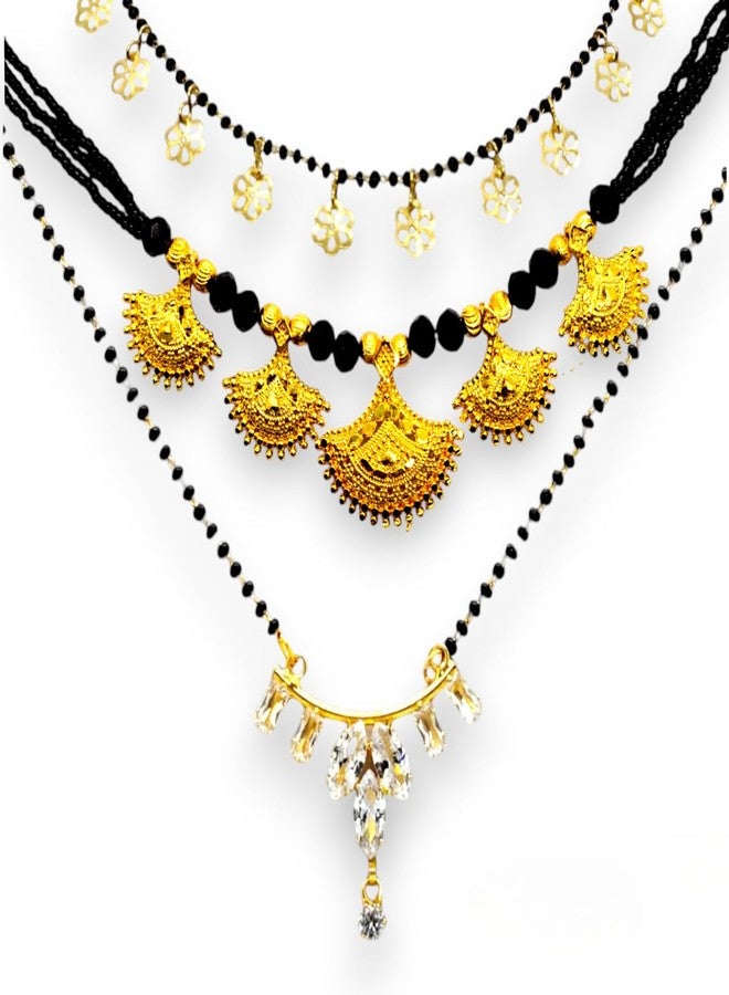 Elleva Small Mangalsutra Tanmaniya Necklace for Women Stylish Traditional Necklace set for Wedding | Black Beads Mangalsutra Combo set 3, Gold (Pack of 1) (Combo-05) - Image 1