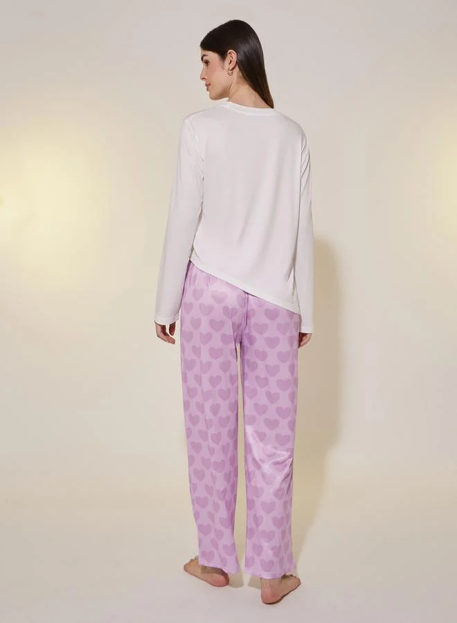 Take Two Asymmetric Hem Long Sleeve Tee and Hearted Printed Straight Leg Pants