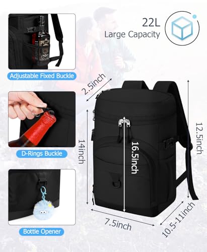 NECKORY Cooler Backpack 22L Waterproof Soft Backpack Coolers Leak Proof Beach Backpack Insulated Picnic Lunch Bag for Fishing CampingBeachHikingTravelBlack - Image 3