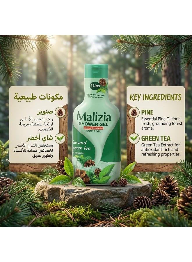 Malizia Refreshing Shower Gel, Pine & Green Tea Antibacterial, 1 Litre - Image 2