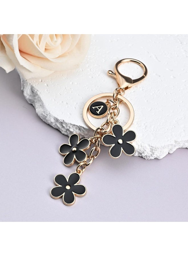 Personalized Initial Letter Keychain with 3 Black Flower Charms for Handbags and Backpacks, Gold Tone - Image 3