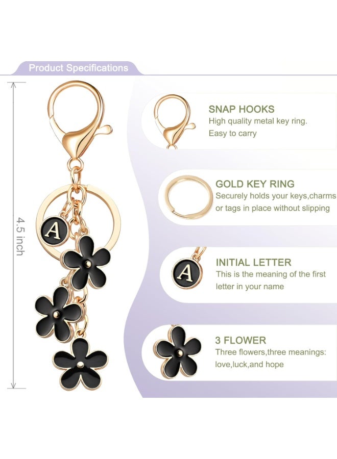 Personalized Initial Letter Keychain with 3 Black Flower Charms for Handbags and Backpacks, Gold Tone - Image 1