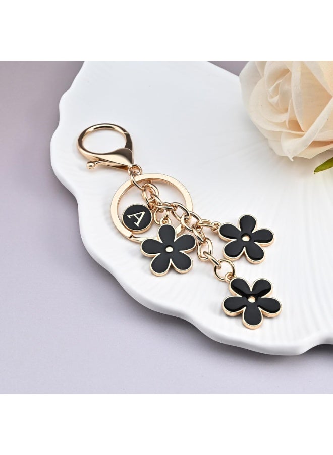 Personalized Initial Letter Keychain with 3 Black Flower Charms for Handbags and Backpacks, Gold Tone - Image 2