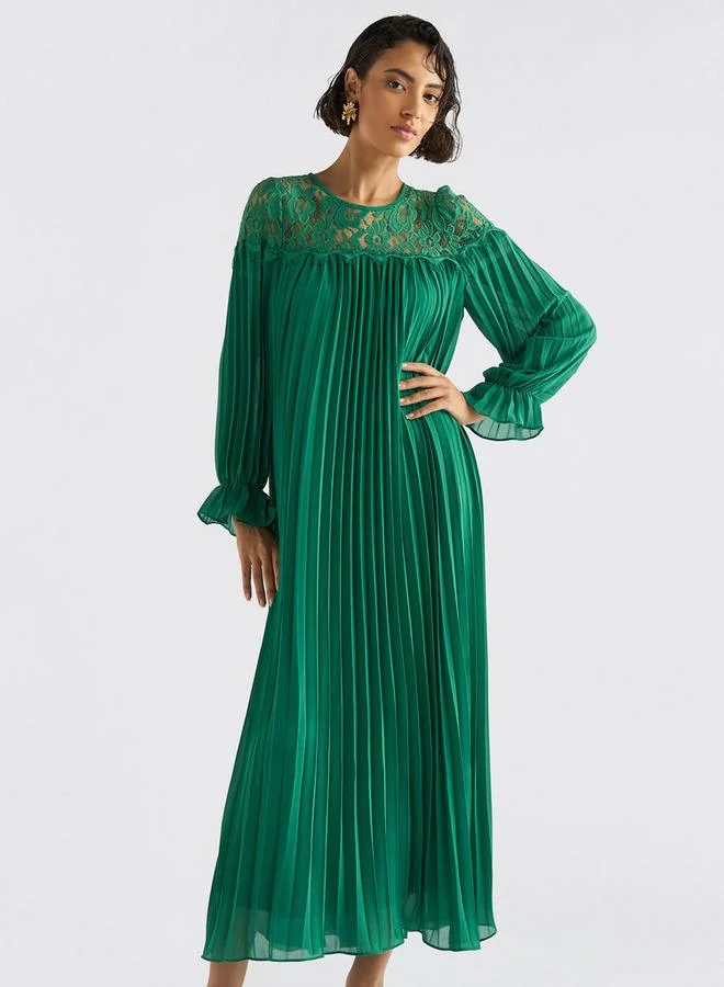 Splash FAV Pleated Lace Detail Maxi Dress with Long Sleeves