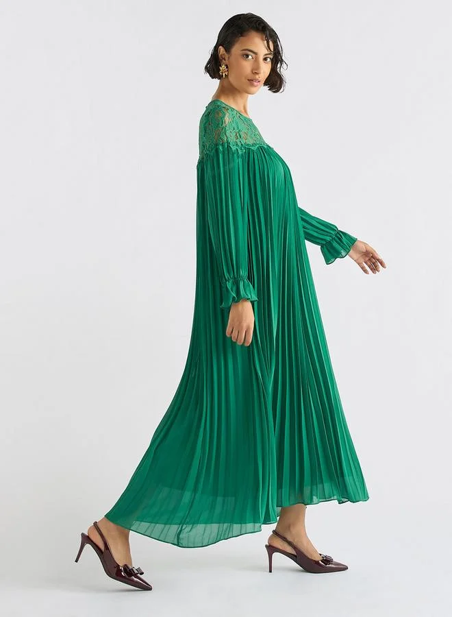 Splash FAV Pleated Lace Detail Maxi Dress with Long Sleeves