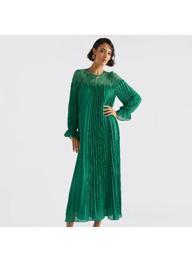 Splash FAV Pleated Lace Detail Maxi Dress with Long Sleeves