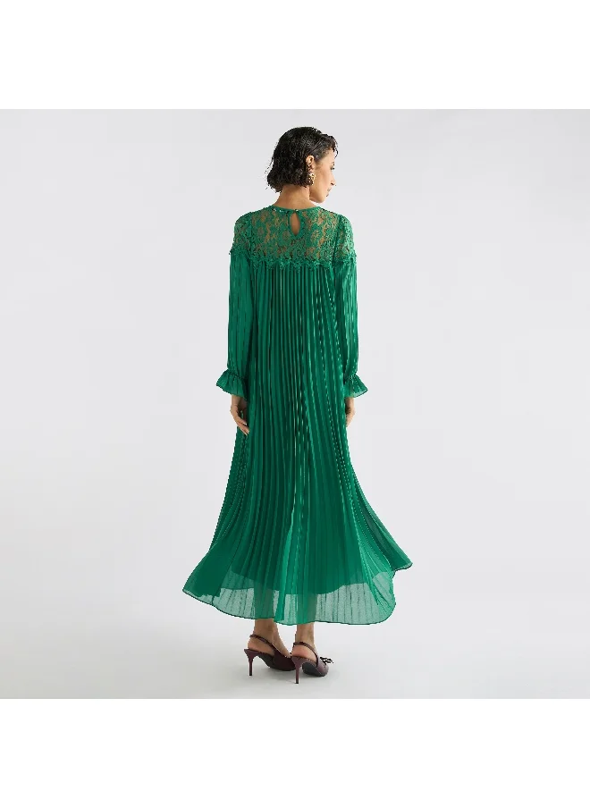 FAV Pleated Lace Detail Maxi Dress with Long Sleeves