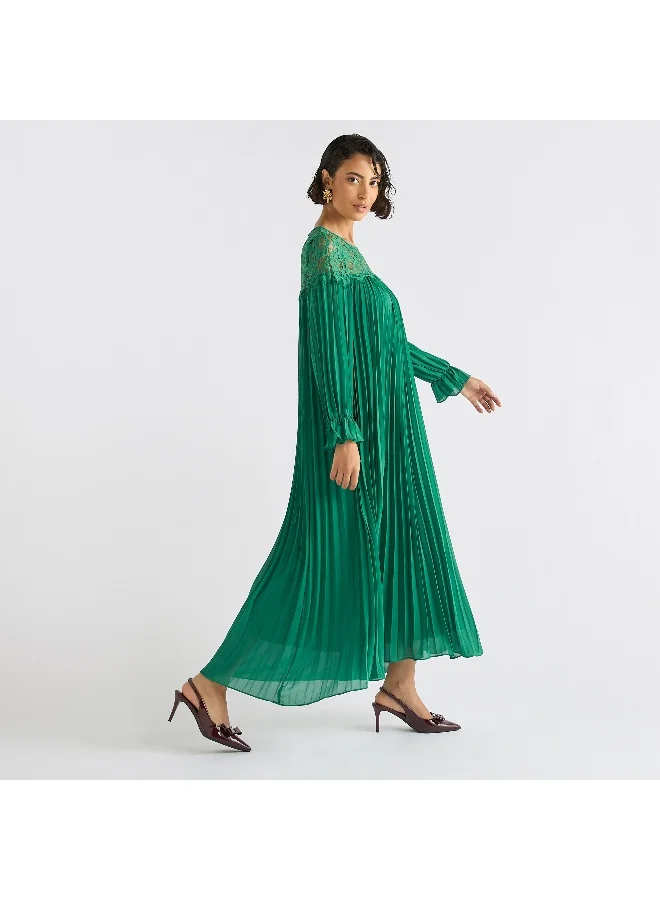 Splash FAV Pleated Lace Detail Maxi Dress with Long Sleeves