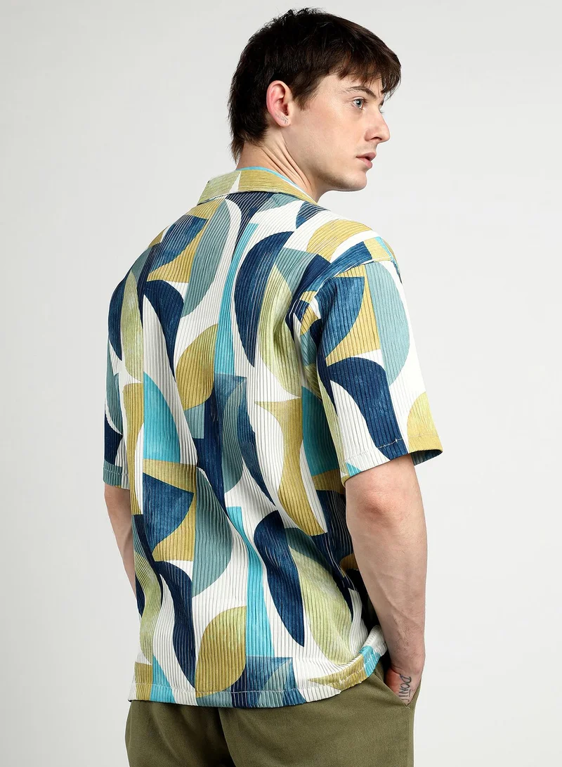 Campus Sutra Men's Indigo Blue Oversized Abstract Curves Shirt