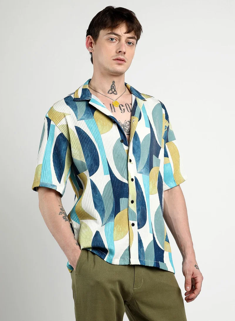 Campus Sutra Men's Indigo Blue Oversized Abstract Curves Shirt