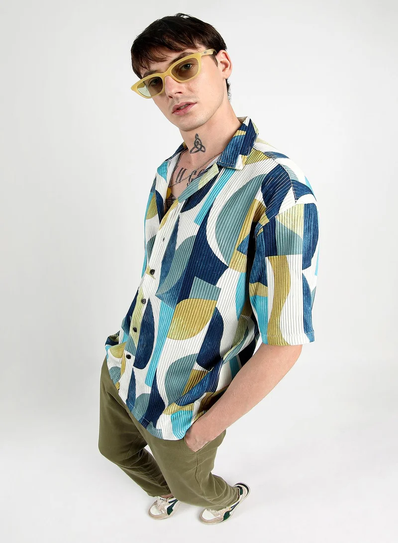 Campus Sutra Men's Indigo Blue Oversized Abstract Curves Shirt