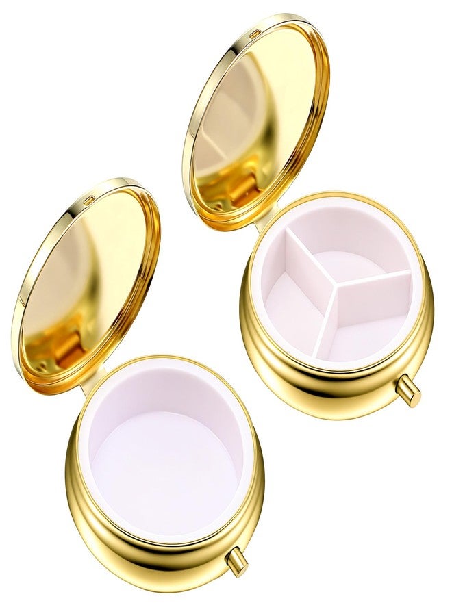 Wanmu 2Pcs Pill Box, 3 Compartment Round Small Pill Case & 1 Compartment Cute Travel Pill Organizer, Waterproof Metal Pills Container Holder for Vitamins Medication Fish Oil Supplements(Gold - Image 1