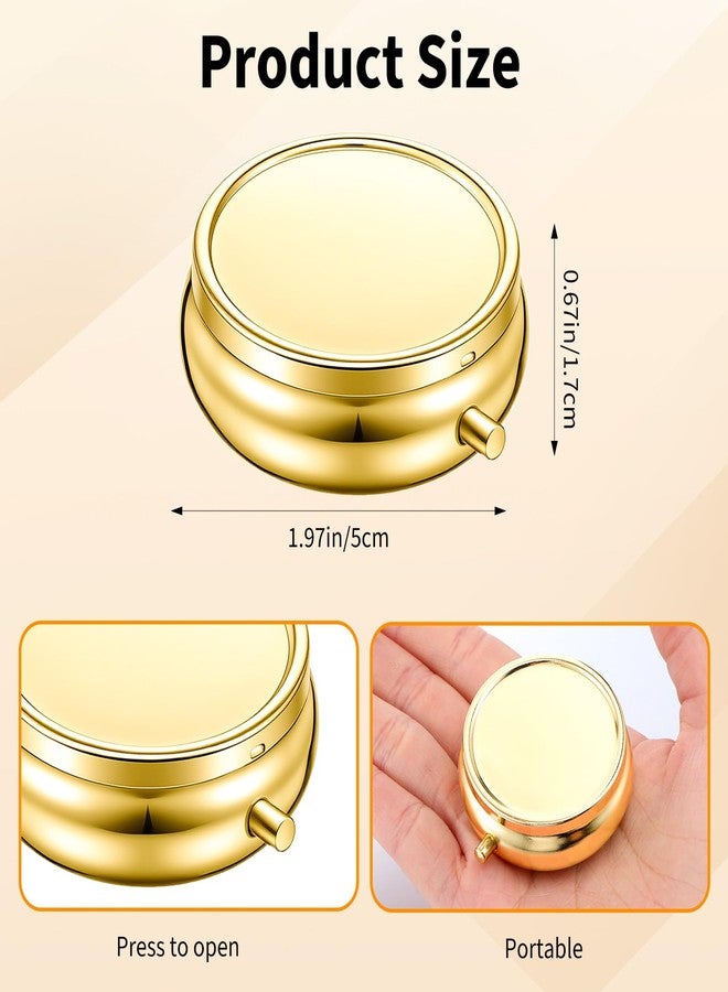 Wanmu 2Pcs Pill Box, 3 Compartment Round Small Pill Case & 1 Compartment Cute Travel Pill Organizer, Waterproof Metal Pills Container Holder for Vitamins Medication Fish Oil Supplements(Gold - Image 2
