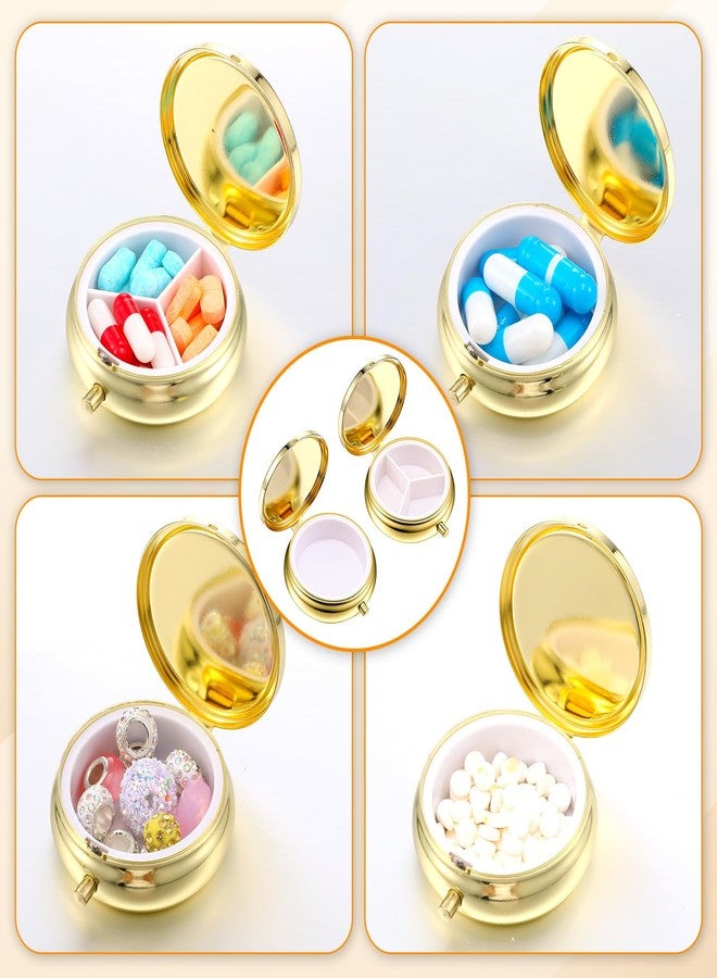 Wanmu 2Pcs Pill Box, 3 Compartment Round Small Pill Case & 1 Compartment Cute Travel Pill Organizer, Waterproof Metal Pills Container Holder for Vitamins Medication Fish Oil Supplements(Gold - Image 4