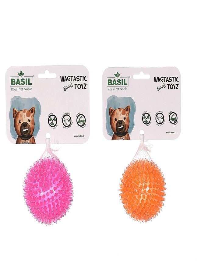 BASIL Spiked Squeaky Chew Ball for Dogs & Puppies (Pink + Orange), Pack of 2 - Image 1