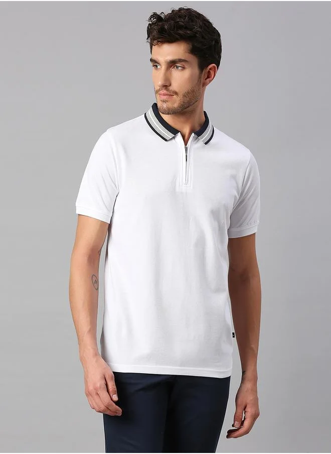 دينيس لينغو White Regular Fit T-shirt for Men - Cotton, Solid, Polo Collar, Polo Neck, Half Sleeves, Knitted, Casual,