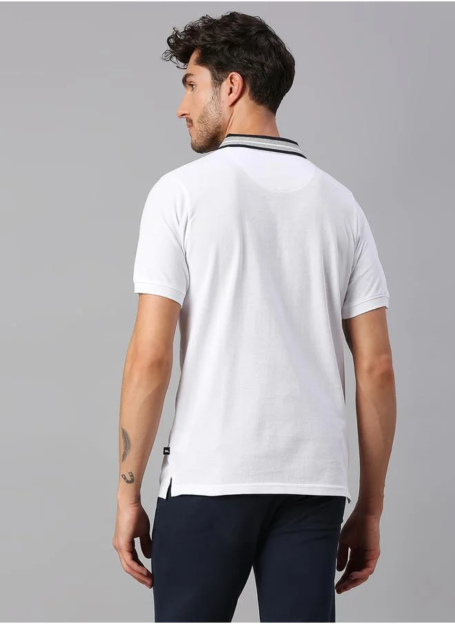دينيس لينغو White Regular Fit T-shirt for Men - Cotton, Solid, Polo Collar, Polo Neck, Half Sleeves, Knitted, Casual,