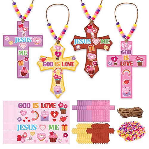 BeYumi Religious Cross Necklace Craft 28Pcs God is Love Religious Craft Kit DIY Sticker Cross and Beads Necklace Christian Jusus Love Me Decor Woman Party Activities - Image 1
