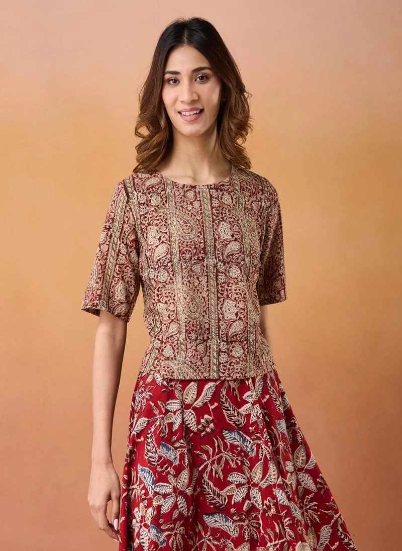 فاب انديا Red Cotton Kalamkari Printed Short Top