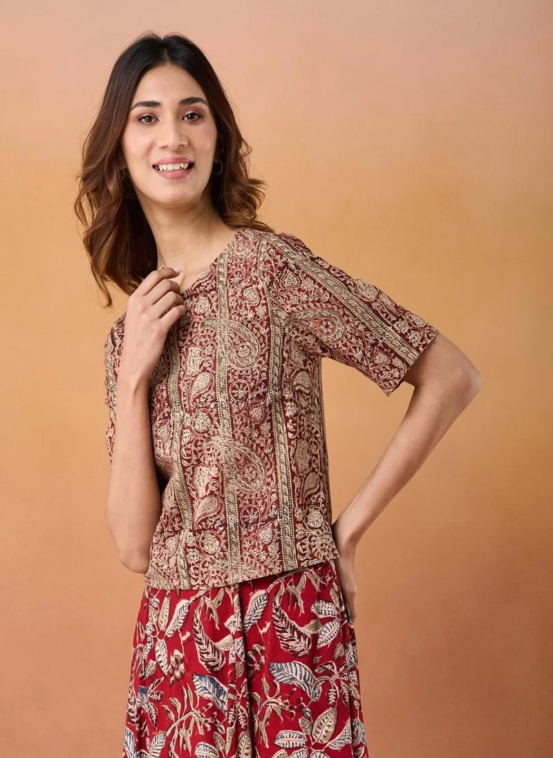 فاب انديا Red Cotton Kalamkari Printed Short Top