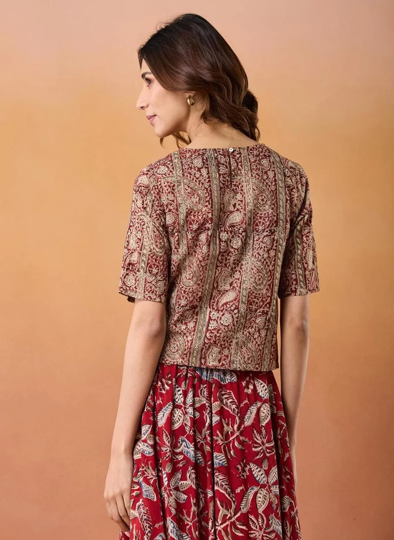 فاب انديا Red Cotton Kalamkari Printed Short Top