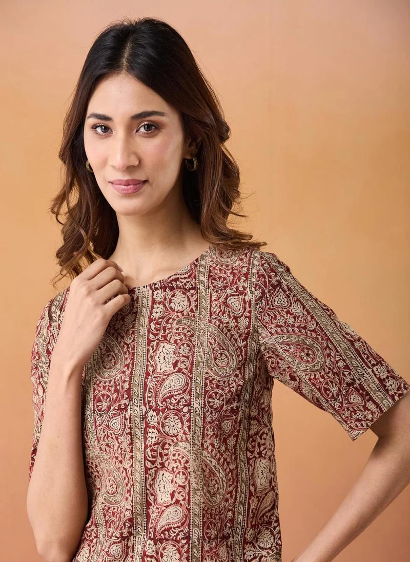 فاب انديا Red Cotton Kalamkari Printed Short Top