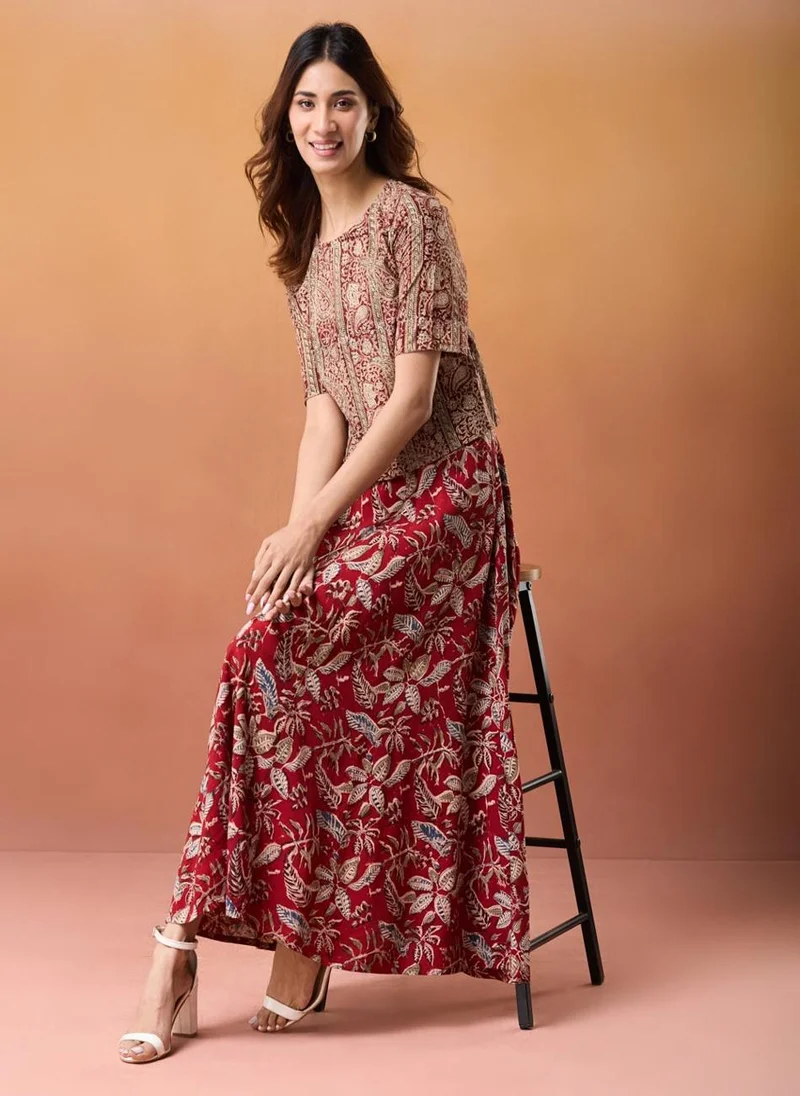 فاب انديا Red Cotton Kalamkari Printed Short Top
