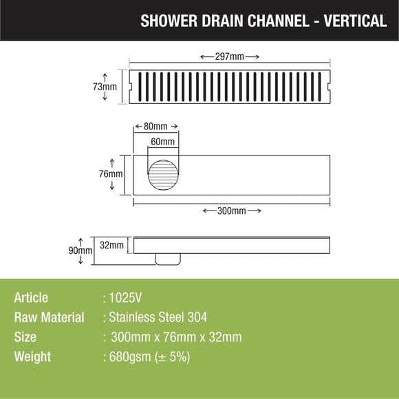 LIPKA Vertical Shower Drain Channel| 12 x 3 Inches |304 Grade Stainless Steel Shower Drain Channel for Bathrooms & Showers | Waste Water Floor Drainer with Anti-Foul Cockroach Trap Without Collar - Image 2