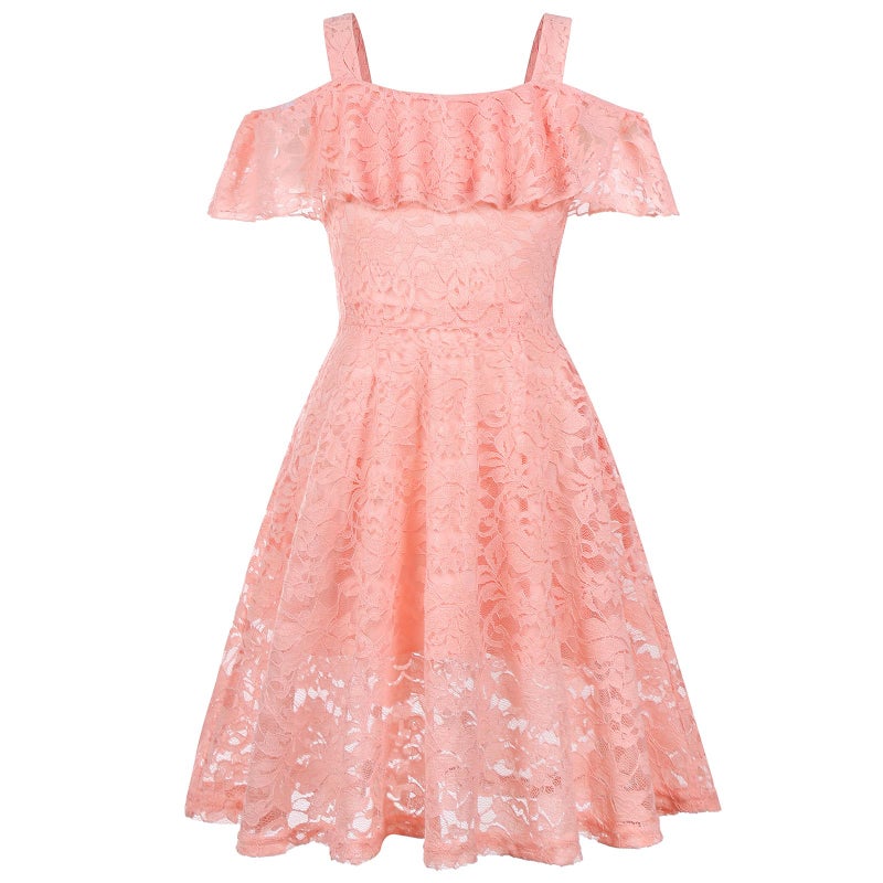 Viriber Girls Floral Lace Dress Off Shoulder Flutter Sleeve Bridesmaid Vintage Formal Cocktail Party Swallowtail Swing Cassual Dresses 7-14 Years(Pink,12/13) - Image 2