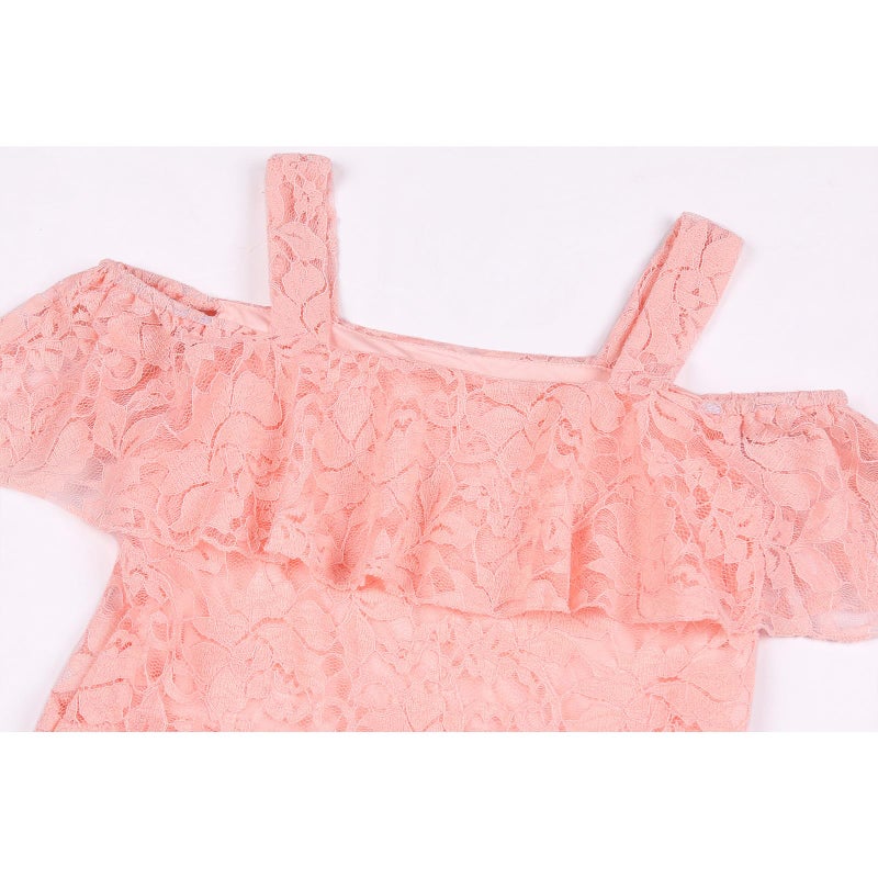 Viriber Girls Floral Lace Dress Off Shoulder Flutter Sleeve Bridesmaid Vintage Formal Cocktail Party Swallowtail Swing Cassual Dresses 7-14 Years(Pink,12/13) - Image 3