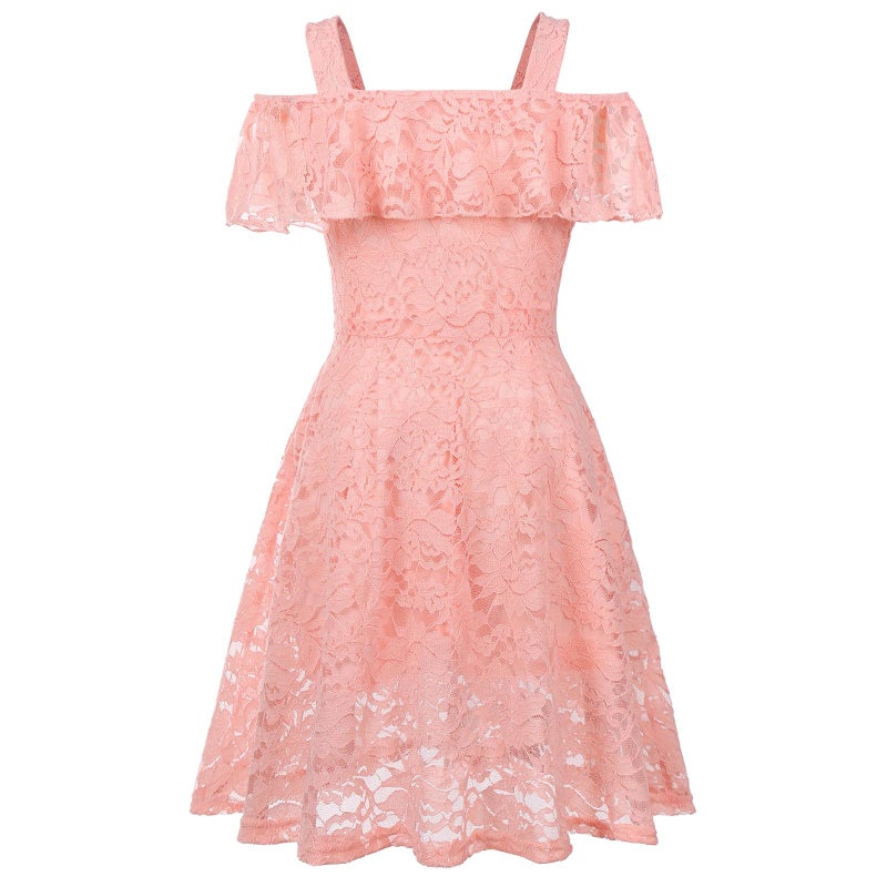 Viriber Girls Floral Lace Dress Off Shoulder Flutter Sleeve Bridesmaid Vintage Formal Cocktail Party Swallowtail Swing Cassual Dresses 7-14 Years(Pink,12/13) - Image 1