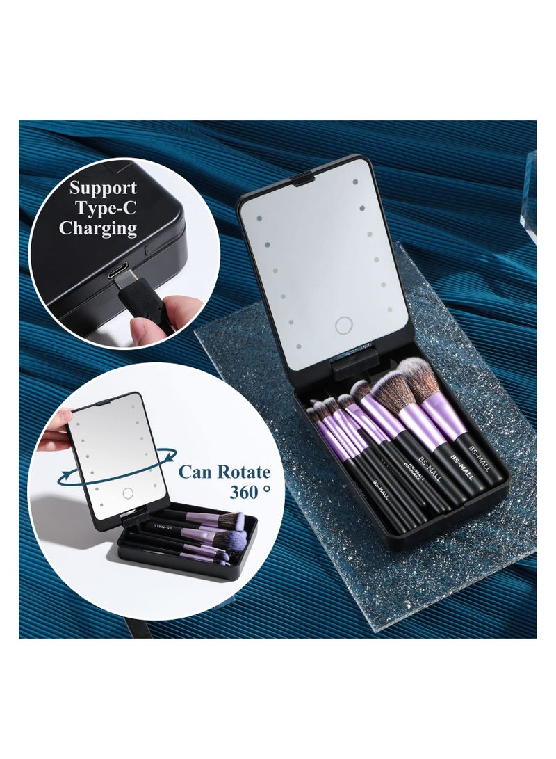 BS Mall 14PCS Mini Makeup Brushes Set with LED Light Mirrorr, Premium Synthetic Foundation Powder Concealers Eyeshadow Blush Makeup Brushes, Make up Brushes Kit (Purple) - Image 3