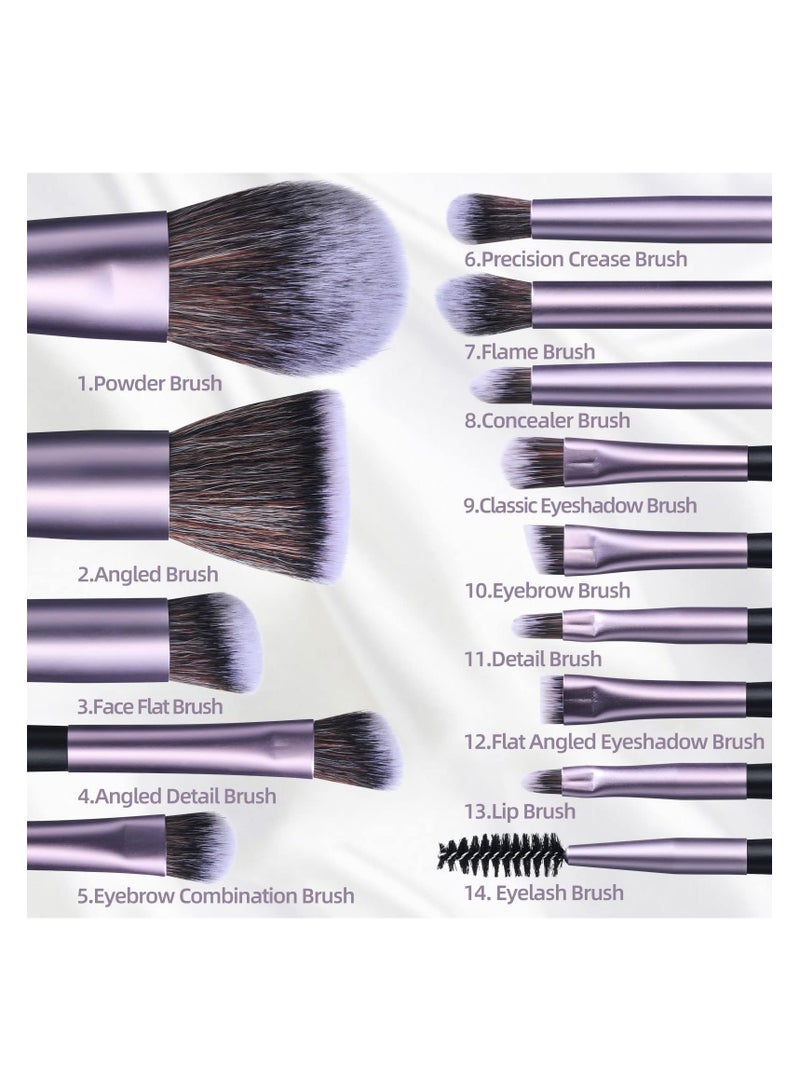 BS Mall 14PCS Mini Makeup Brushes Set with LED Light Mirrorr, Premium Synthetic Foundation Powder Concealers Eyeshadow Blush Makeup Brushes, Make up Brushes Kit (Purple) - Image 2