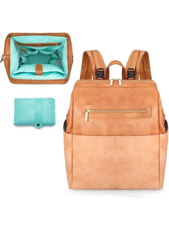 MOMINSIDE حقيبة ظهر مومينسايد لحفاضات الأطفال، حقيبة جلدية مع 16 جيب للأم والأب، بحث عن تسجيل المولود، تناسب لابتوب بحجم 15 بوصة، 4 جيوب معزولة، وسادة تغيير، بني - Image 1