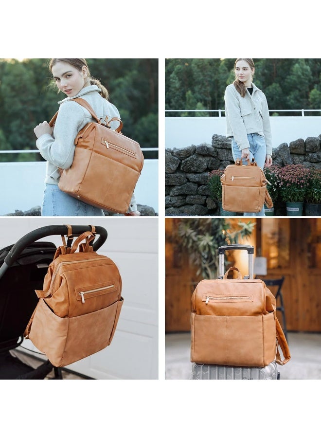 MOMINSIDE حقيبة ظهر مومينسايد لحفاضات الأطفال، حقيبة جلدية مع 16 جيب للأم والأب، بحث عن تسجيل المولود، تناسب لابتوب بحجم 15 بوصة، 4 جيوب معزولة، وسادة تغيير، بني - Image 2