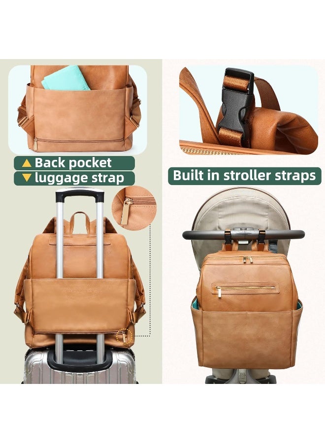 MOMINSIDE حقيبة ظهر مومينسايد لحفاضات الأطفال، حقيبة جلدية مع 16 جيب للأم والأب، بحث عن تسجيل المولود، تناسب لابتوب بحجم 15 بوصة، 4 جيوب معزولة، وسادة تغيير، بني - Image 5