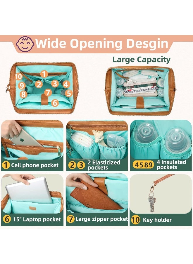 MOMINSIDE حقيبة ظهر مومينسايد لحفاضات الأطفال، حقيبة جلدية مع 16 جيب للأم والأب، بحث عن تسجيل المولود، تناسب لابتوب بحجم 15 بوصة، 4 جيوب معزولة، وسادة تغيير، بني - Image 3
