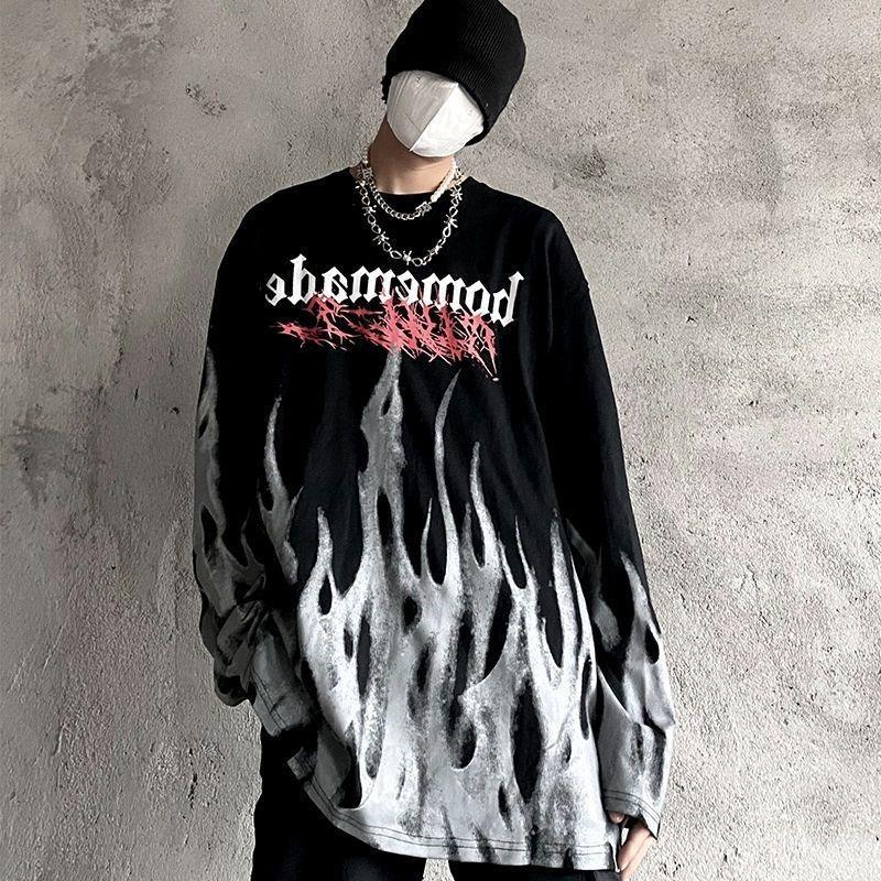 Tie-dyed Flame Long-sleeved T-shirt Men's Autumn Hong Kong-style Loose plus size Hip-hop High Street Ins Harajuku Hip-hop Top for Students - Image 3