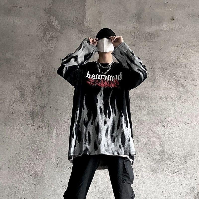 Tie-dyed Flame Long-sleeved T-shirt Men's Autumn Hong Kong-style Loose plus size Hip-hop High Street Ins Harajuku Hip-hop Top for Students - Image 2