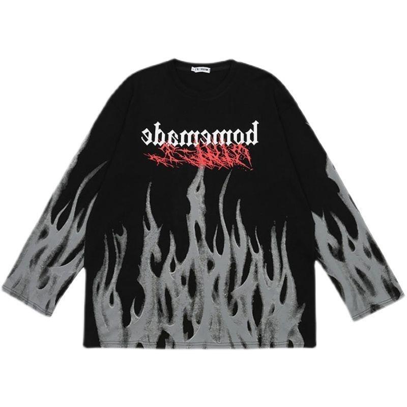 Tie-dyed Flame Long-sleeved T-shirt Men's Autumn Hong Kong-style Loose plus size Hip-hop High Street Ins Harajuku Hip-hop Top for Students - Image 5